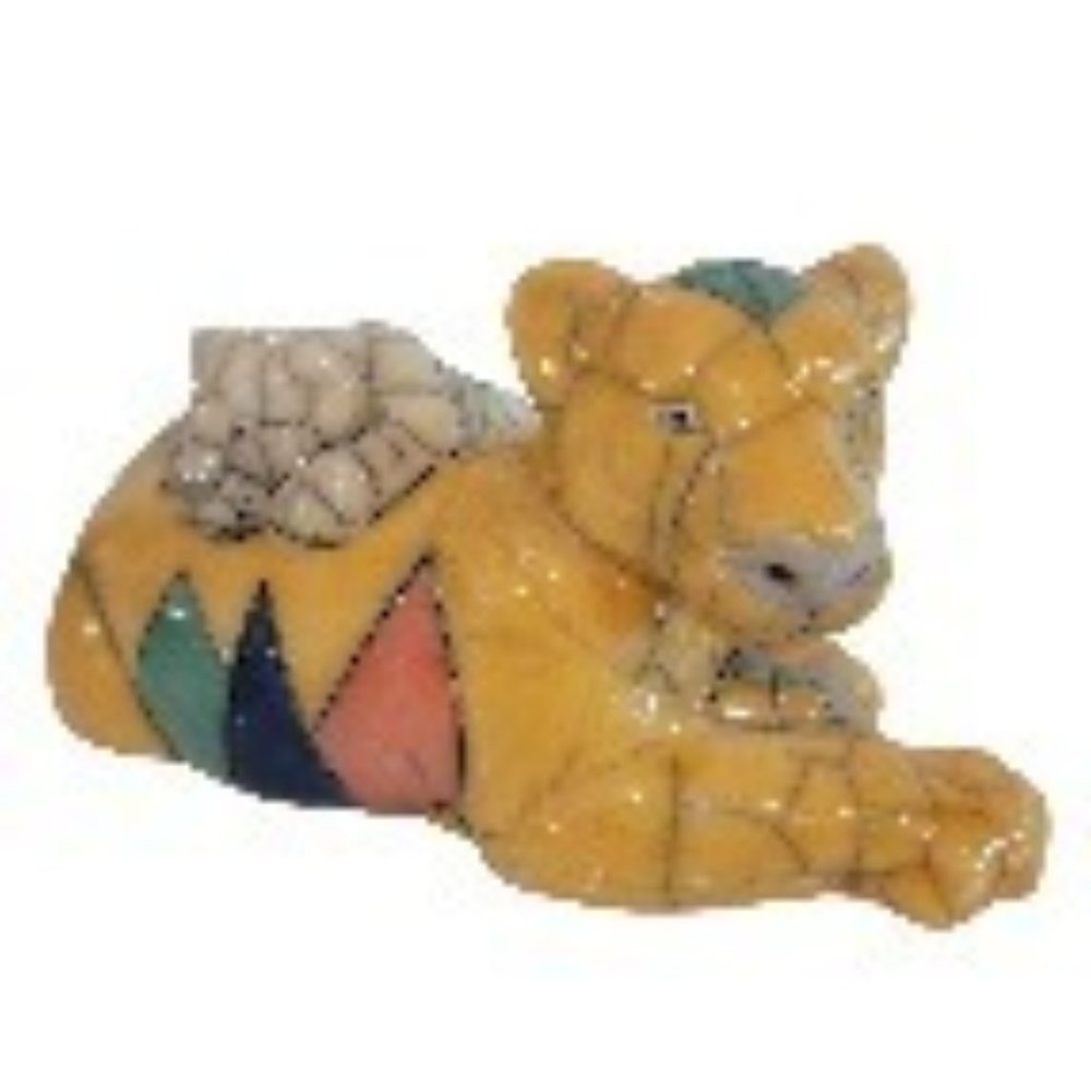 Raku colorful lioness and lion cub sculpture. Mosaic colorfull beautiful